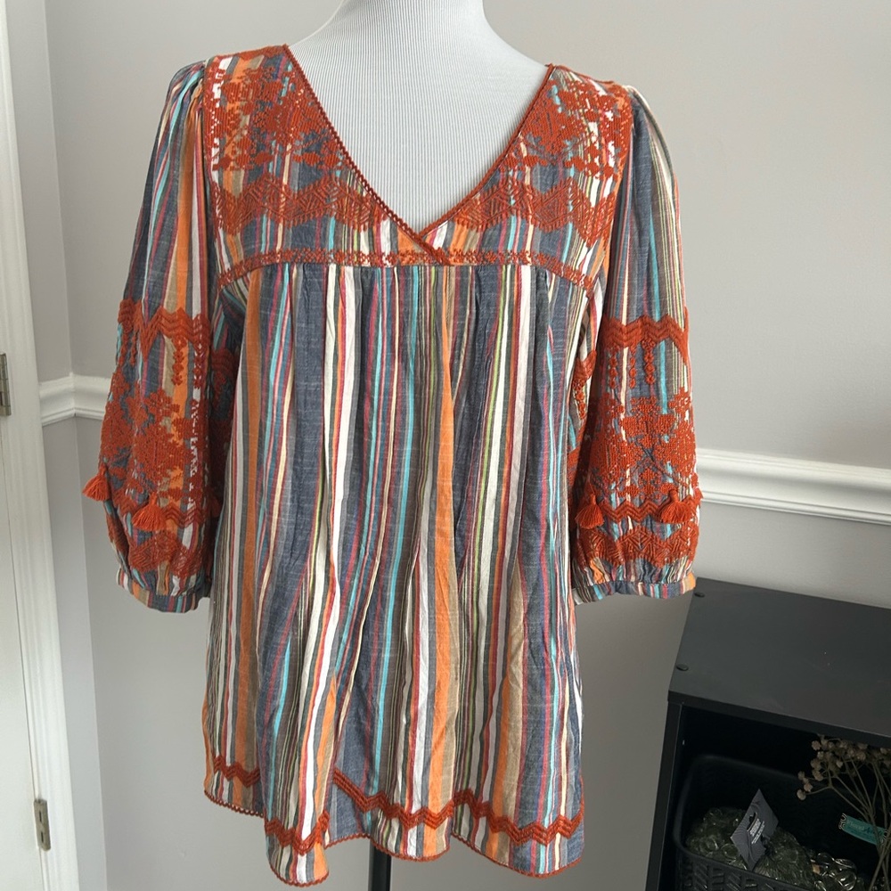 Boutique Striped Multicolor Women's Top with Orange Accents